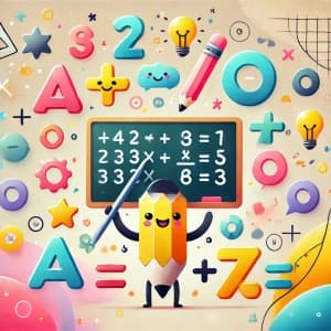 Illustration of a colorful math scene with numbers, symbols, and geometric shapes.